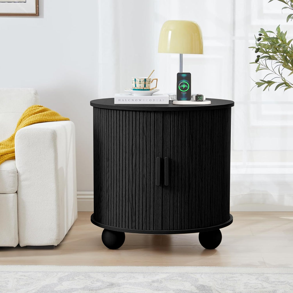 Mid-Century Modern 24' Nightstand with Charging Station, Wood Round End Night Stand End Table with Storage & Sliding Door, Accent Side Tbale for Living Room Bedroom (Round, Black)