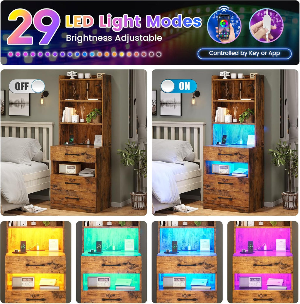 AOGLLATI Tall Night Stand Set of 2, Nightstand with Charging Station and LED Lights, Rustic Brown Bedside Table with Bookshelf, 3 Drawers and Open Shelves, Modern End Side Table for Bedroom