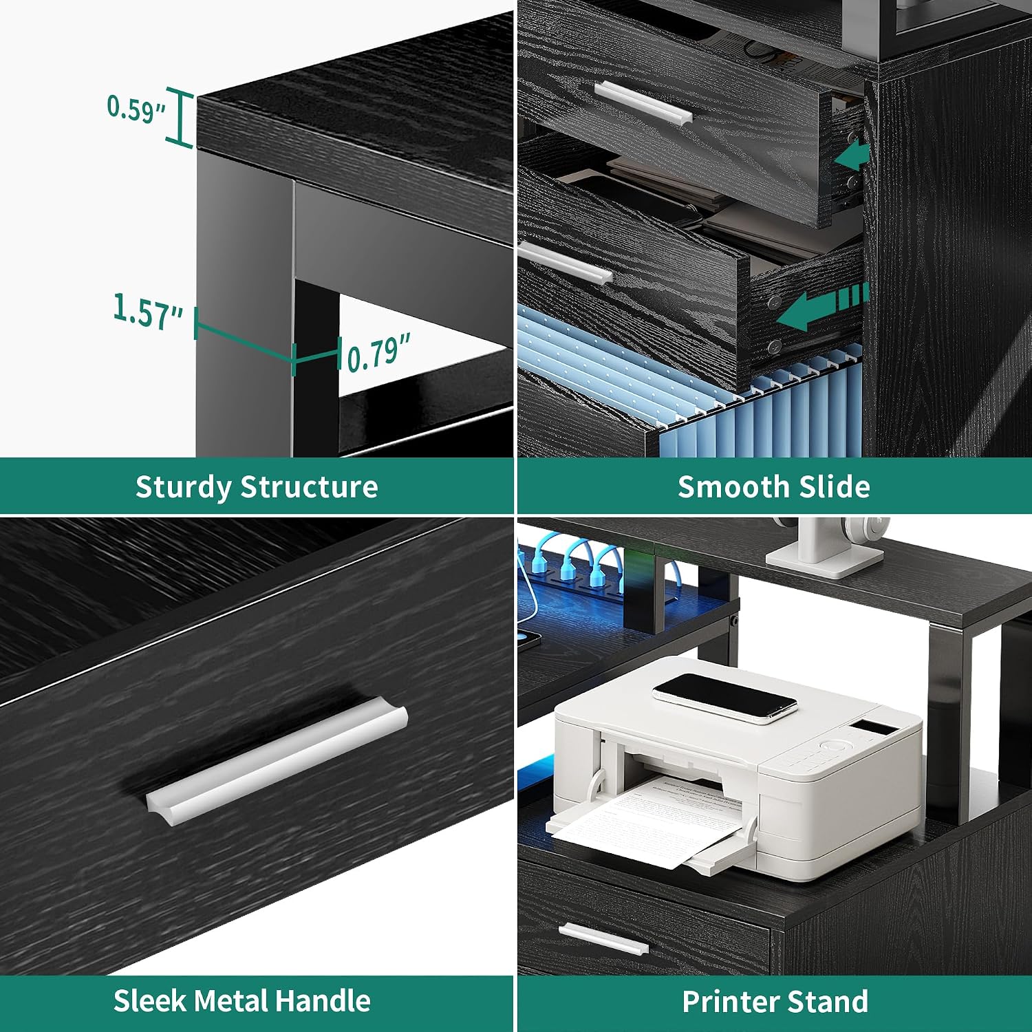 YITAHOME L Shaped Desk with 3 Drawers, 65' Corner Computer Desk with Power Outlets & LED Lights, L-Shaped Desk with File Cabinet & Printer Stand for Home Office, Black