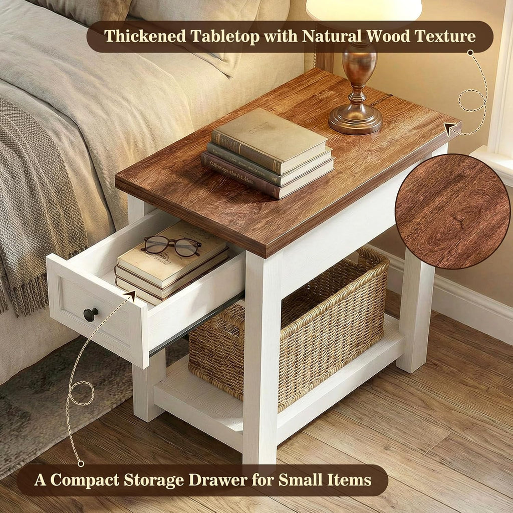 Narrow End Table Set of 2 with Charging Station - Farmhouse Side Tables with Drawer, 14' Wood Nightstands Set of 2 for Bedroom Living Room, Slim Couch Bedside Table Small Spaces, Antique White & Brown