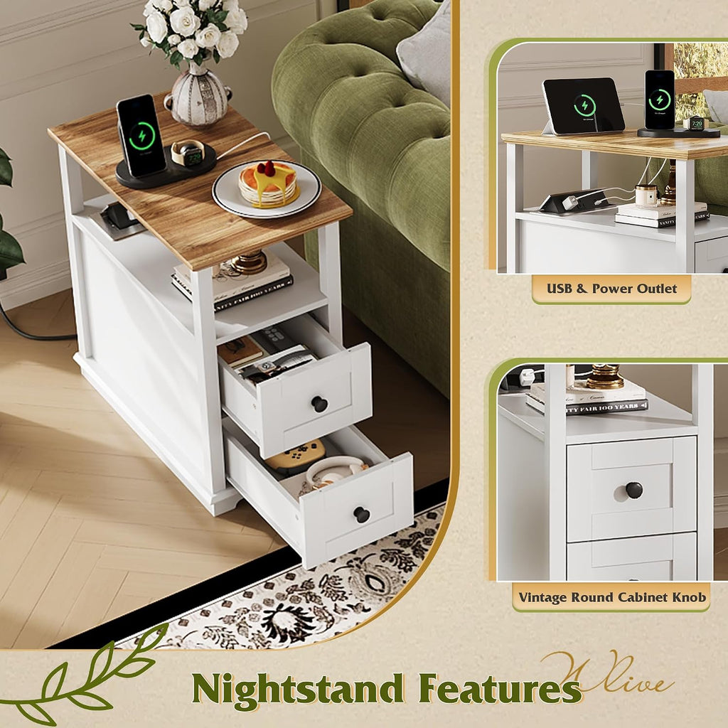 WLIVE End Table with Charging Station, Narrow Side Table for Living Room, Farmhouse Nightstand with Storage, Small Wooden Cabinet with USB Ports and Outlets for Living Room and Bedroom, White