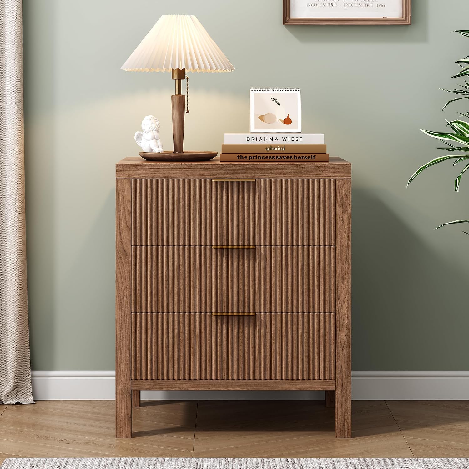 End Table with Storage, Wooden Farmhouse Nightstands with 3 Drawers, Bedside Table - Boho Tall Side Table Accent for Bedroom, Living Room, Walnut
