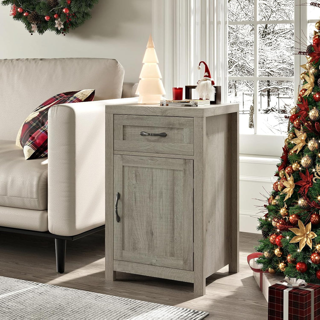 Farmhouse Nightstand Set of 2 with Drawer, 30' End Table with Storage Cabinet and Adjustable Shelf, Tall Bedside Table Rustic Wood Sofa Side Table for Living Room, Bedroom, Grey