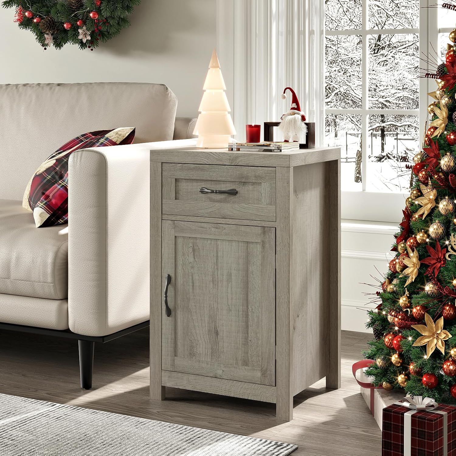Farmhouse Nightstand Set of 2 with Drawer, 30' End Table with Storage Cabinet and Adjustable Shelf, Tall Bedside Table Rustic Wood Sofa Side Table for Living Room, Bedroom, Grey