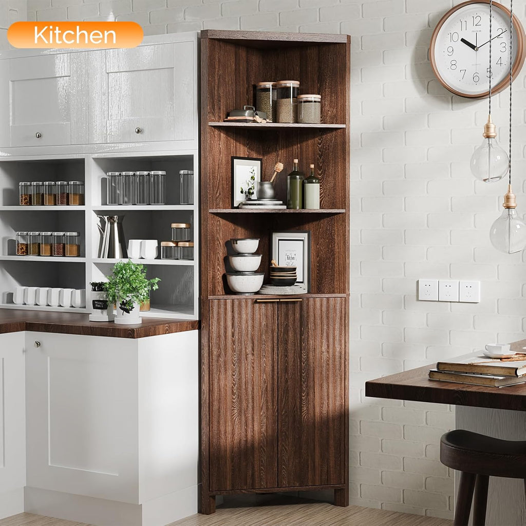VINGLI Tall Corner Cabinet with Fluted Doors, 68' Walnut Corner Storage Cabinet with Adjustable Shelves, Freestanding Wood Corner Bookshelf for Bathroom, Living Room & Kitchen, Space-Saving
