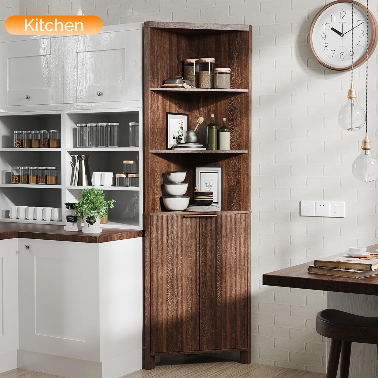 VINGLI Tall Corner Cabinet with Fluted Doors, 68' Walnut Corner Storage Cabinet with Adjustable Shelves, Freestanding Wood Corner Bookshelf for Bathroom, Living Room & Kitchen, Space-Saving