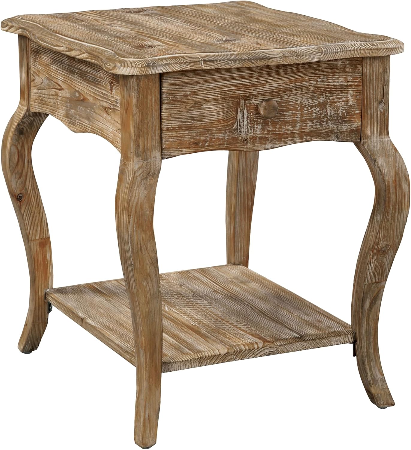 Austerity 20-Inch Rectangular Rustic Solid Wood End Table with Drawer and Shelf – Cedar Wood, Driftwood Finish, Queen Anne Legs, Scalloped Edges – Living Room Accent Table by Alaterre Furniture