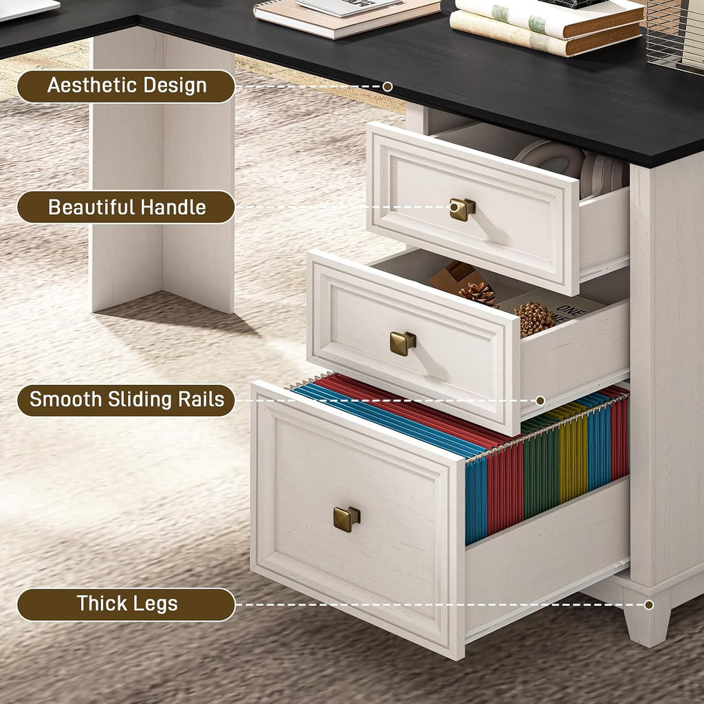 Vabches Farmhouse L Shaped Executive Desk with 6 Drawers, 59'' Wood Home Office Desk with File Cabinet, Writing Corner Computer Desk for Home Office, Work, Study, White and Black