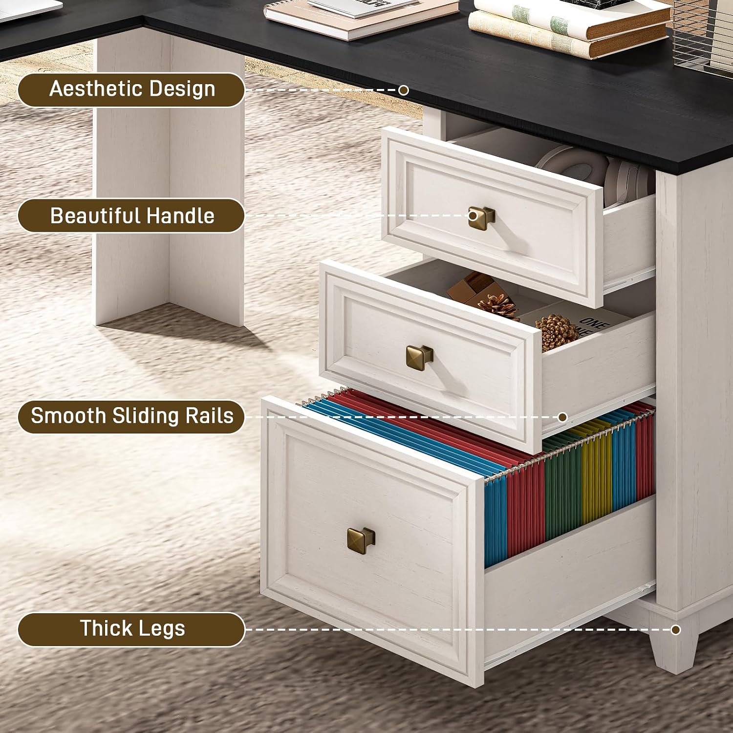 Vabches Farmhouse L Shaped Executive Desk with 6 Drawers, 59'' Wood Home Office Desk with File Cabinet, Writing Corner Computer Desk for Home Office, Work, Study, White and Black