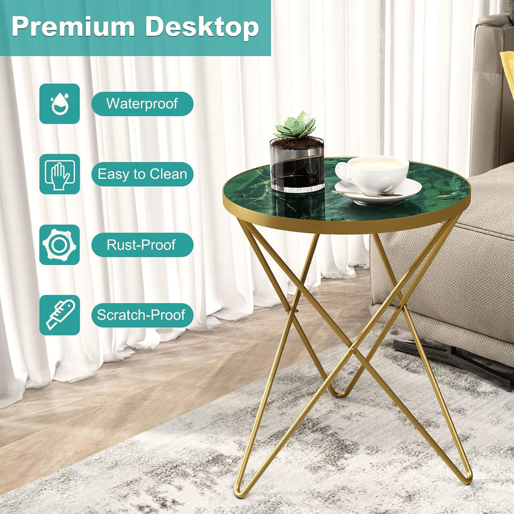 HLR Modern Round Side Table Set of 2, End Table with Marble Effect Top and Gold Metal Frame, Small Side Table for Living Room, Bedroom, Sofa and Couch, Gold Legs, Green Marble top