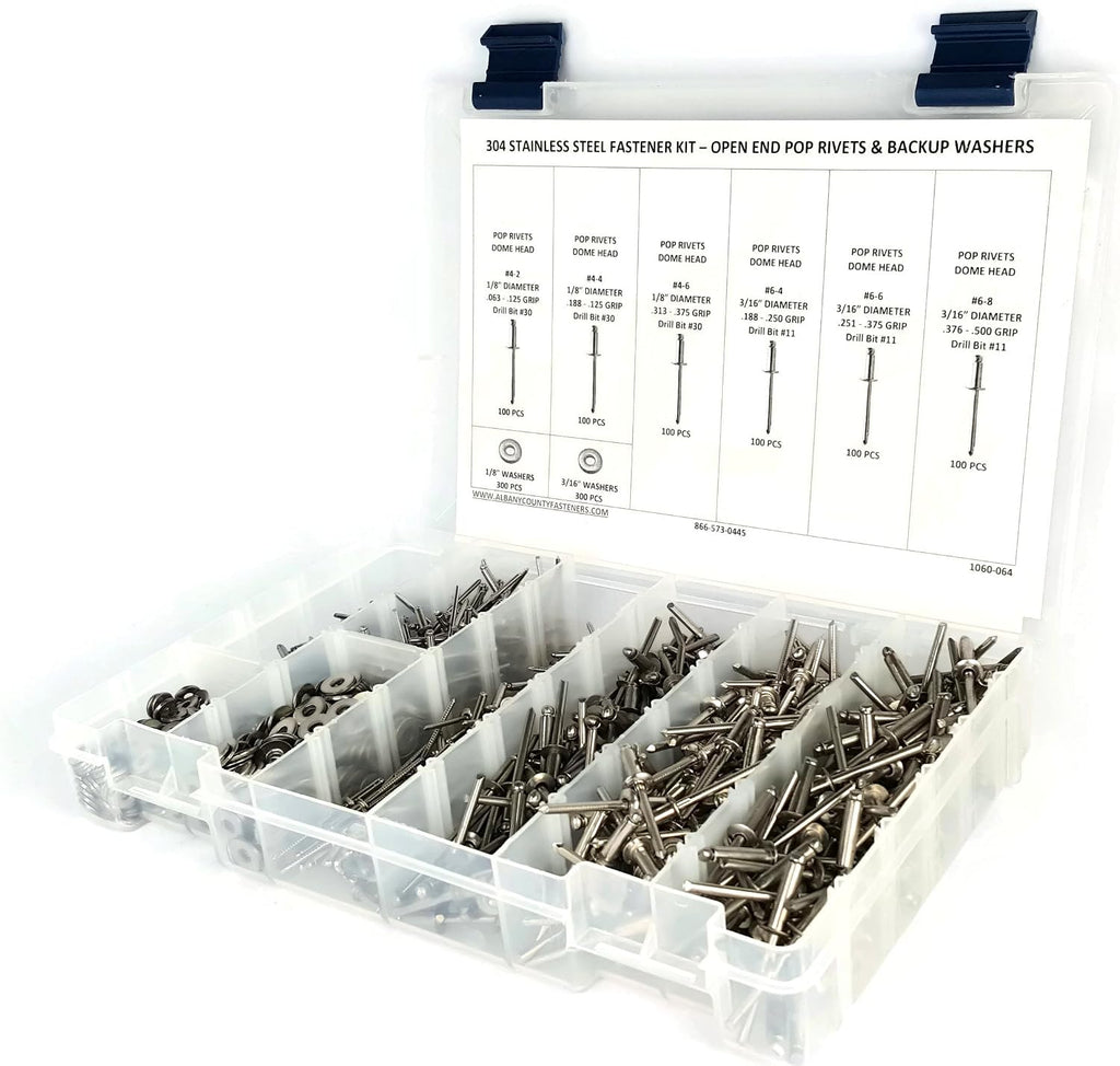 Stainless Steel Pop Rivet Assortment Kit with Backing Washers - 1201 Pieces