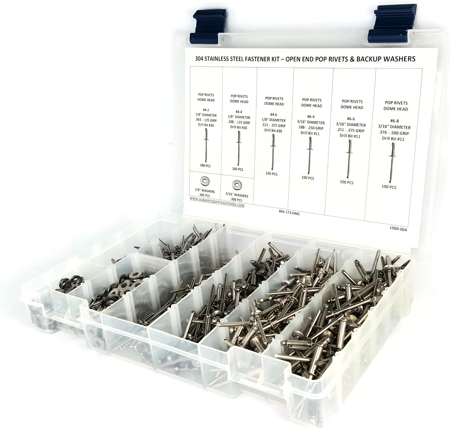 Stainless Steel Pop Rivet Assortment Kit with Backing Washers - 1201 Pieces