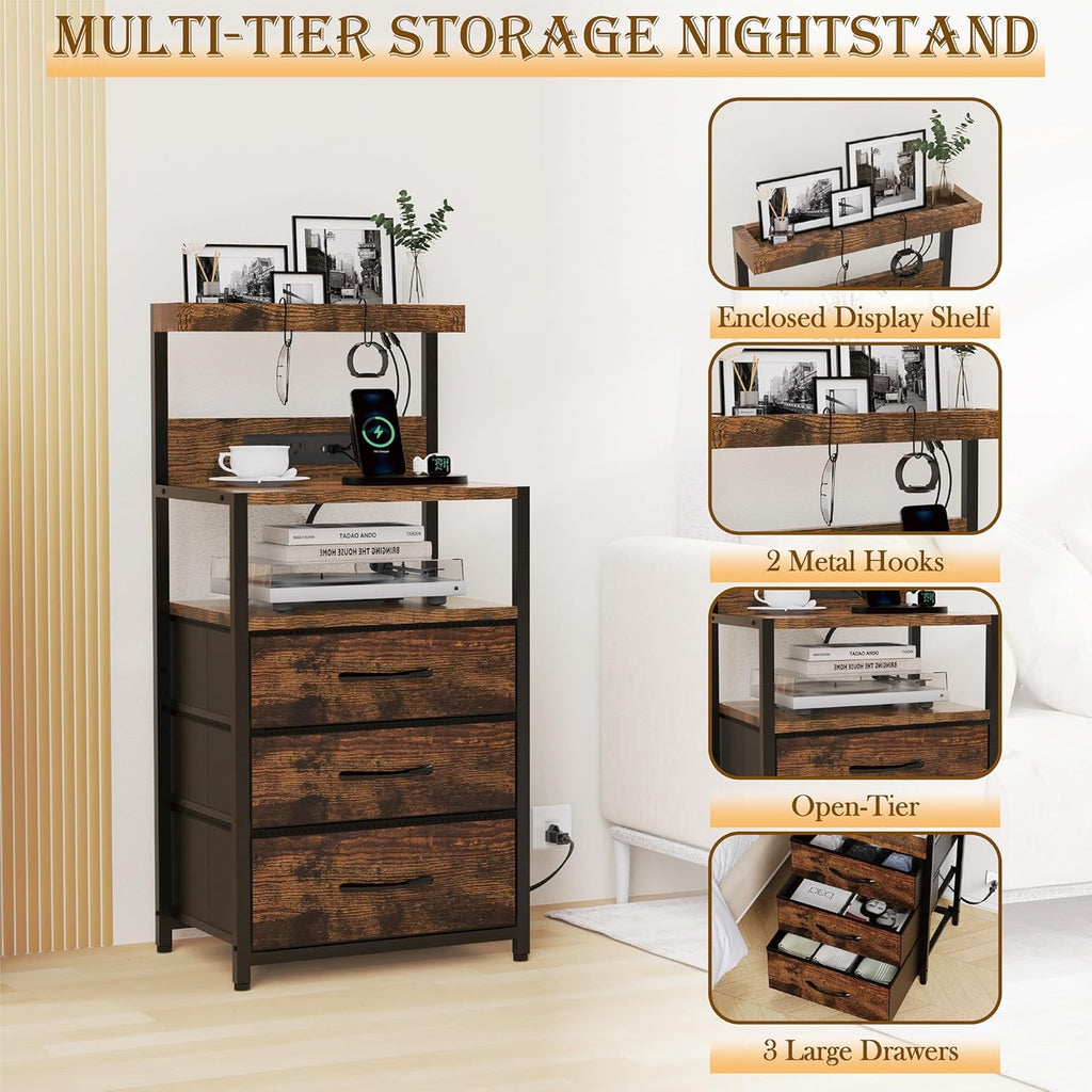 SZLHANJZ Nightstands Set of 2 with Outlet and USB C Port, Bedroom Night Stand with Led Lights and 3 Fabric Drawers, Matching Bedside Tables with Hooks, Vintage Style Storage End Tables, Rustic Brown