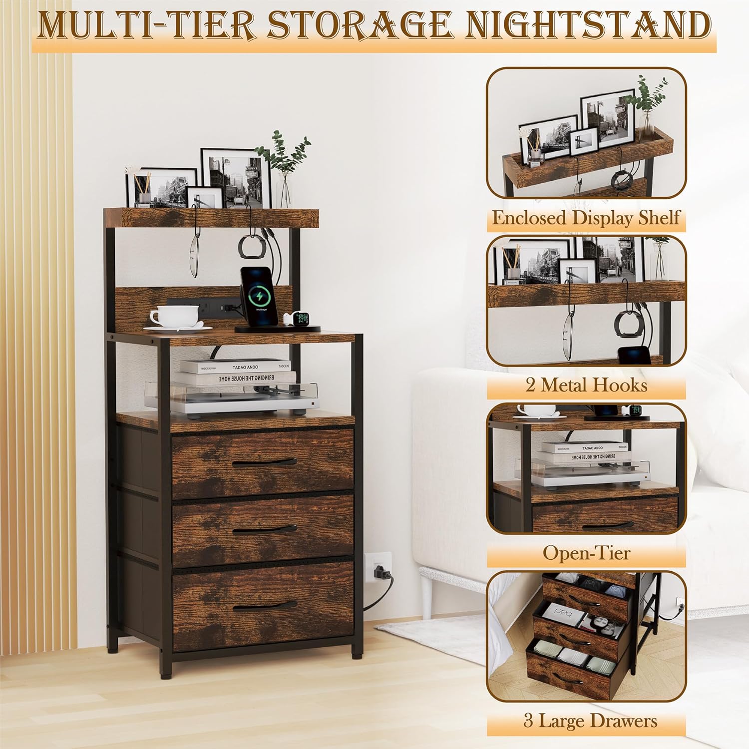 SZLHANJZ Nightstands Set of 2 with Outlet and USB C Port, Bedroom Night Stand with Led Lights and 3 Fabric Drawers, Matching Bedside Tables with Hooks, Vintage Style Storage End Tables, Rustic Brown