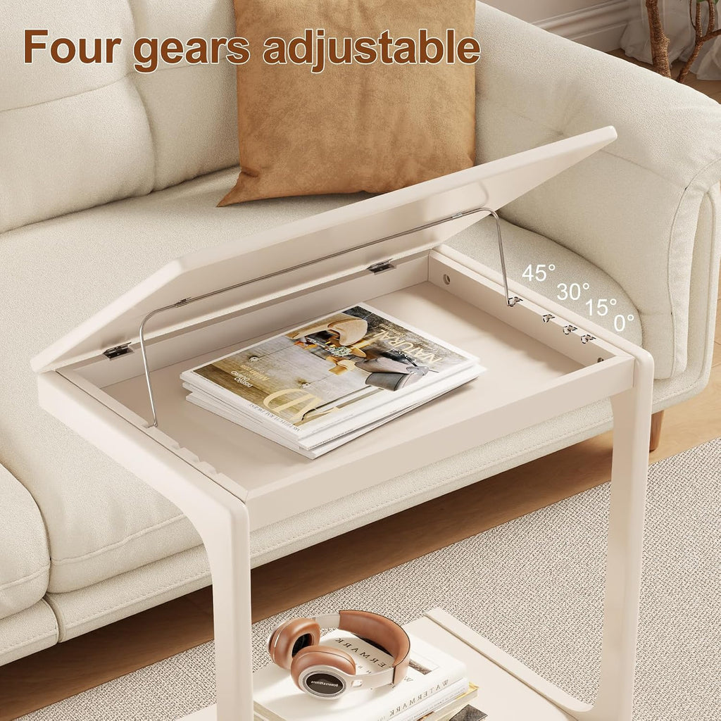 AQIMUELE Wooden C-Shaped End Table,Couch Table with Adjustable Desktop,Small Rolling Side Table with 2 Lockable Wheels 23.6' Width,Small End Table for Couch, Living Room,Bedroom (White)