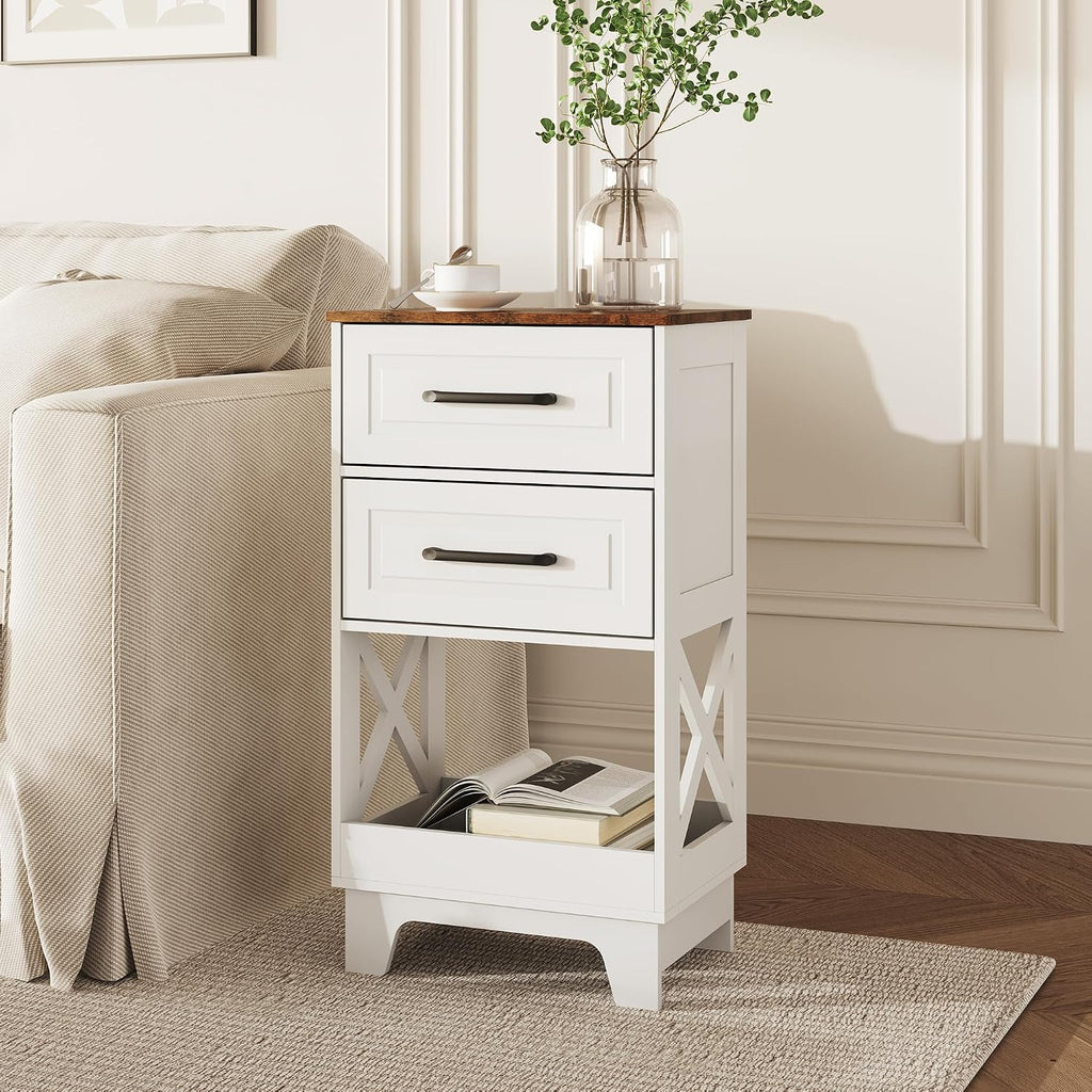 Tall Nightstand Set of 2 Side Table Modern Night Stand with 2 Drawers Wooden Rustic End Table Bedside Table with Upper Open Shelf Solid Feet for Bedroom White+Walnut
