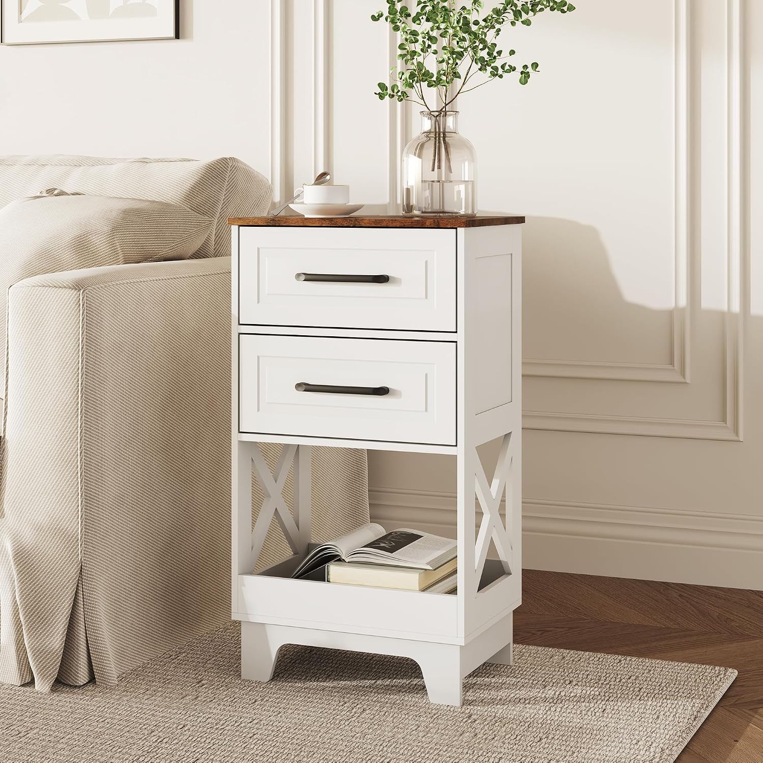 Tall Nightstand Set of 2 Side Table Modern Night Stand with 2 Drawers Wooden Rustic End Table Bedside Table with Upper Open Shelf Solid Feet for Bedroom White+Walnut