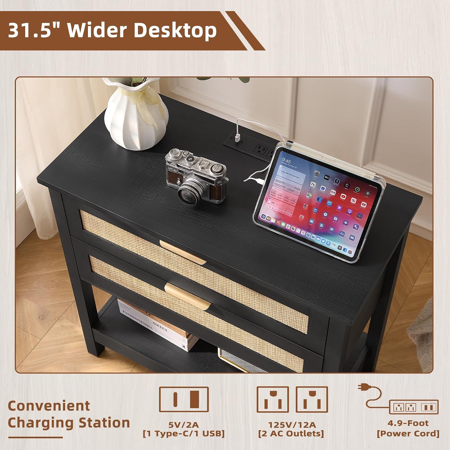 LEYAOYAO 31.5' Wide Rattan Night Stand Set 2 with Charger Station, Oversized Large Boho Nightstand with 2 Drawer, Black Bed Side End Tables, 30' Tall Bedside Table for Bedroom Living Room, Hallway