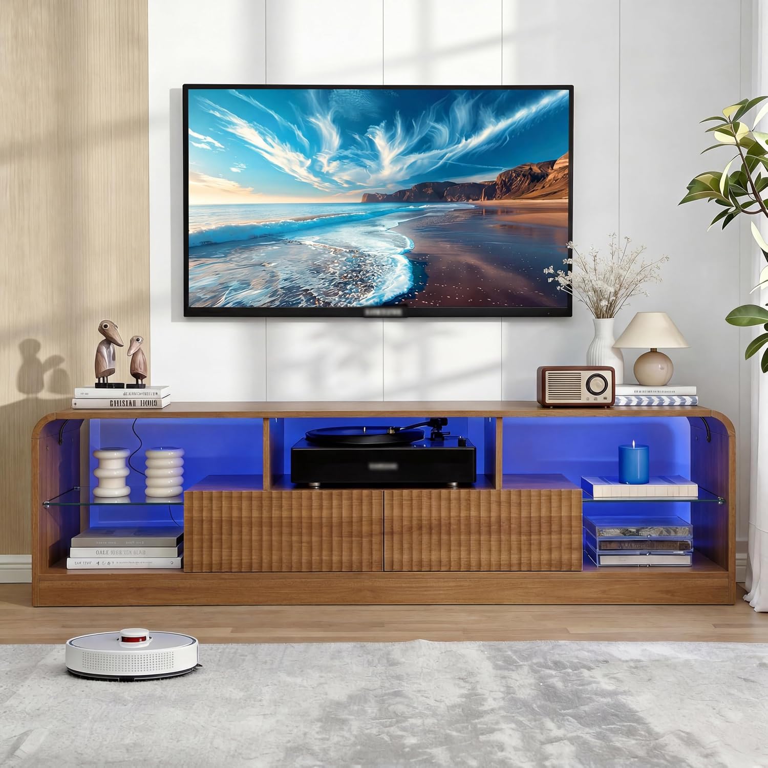 Mid Century Modern TV Stand for 55 60 65 70 75 Inch TVs, Fluted TV Stands for Living Room with LED Lights, 63'' Entertainment Center with 2 Large Drawers & Glass Shelves, Walnut