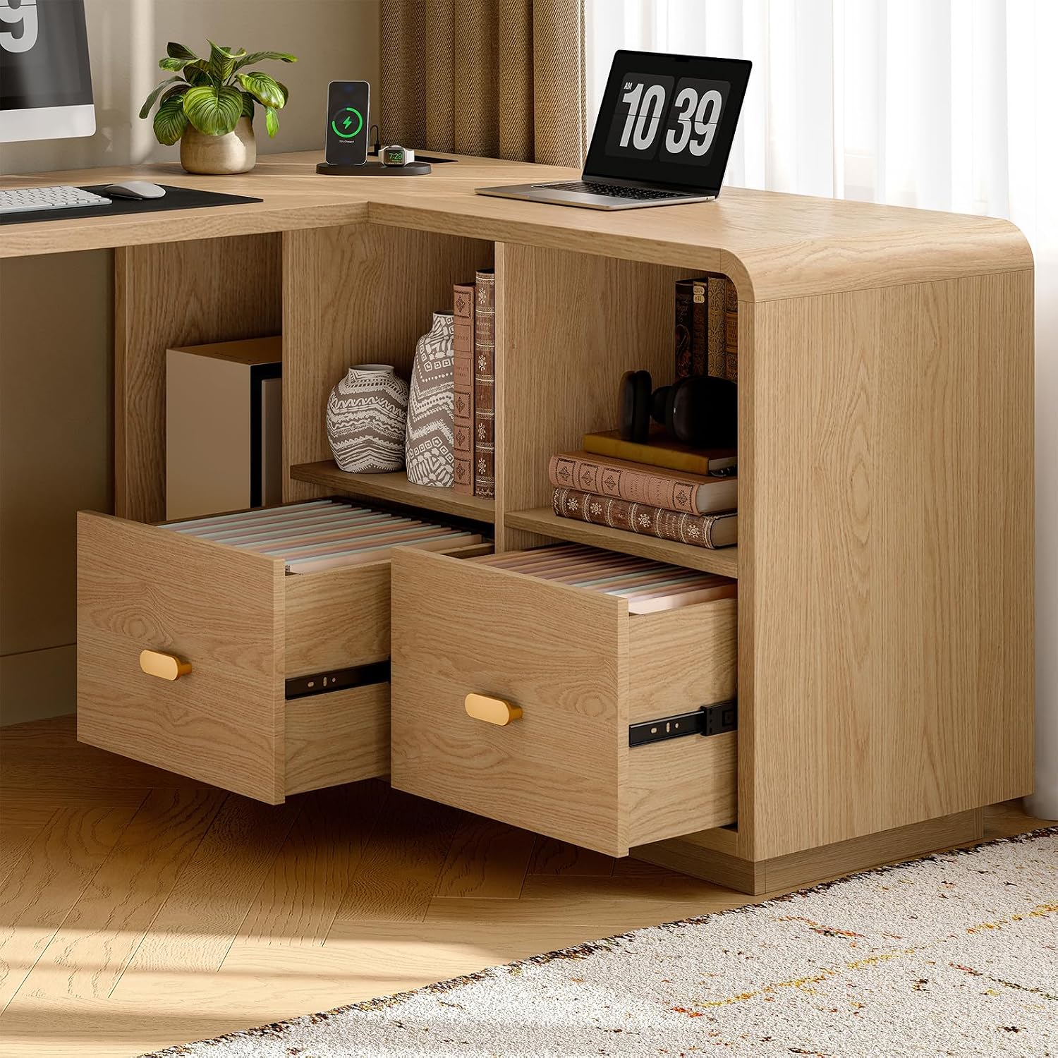 ONBRILL 58' Executive L Shaped Desk with Power Outlets and USB, Home Office Computer Desk with File Drawer and Storage Shelves, Natural Oak