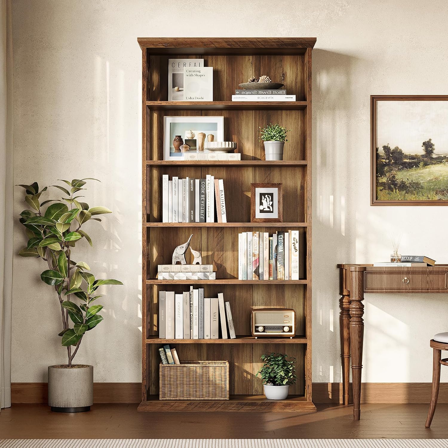 LITTLE TREE 6-Tier Bookcase, 75-Inch Farmhouse Bookshelves and Bookcases, Floor Standing 6 Shelf Wooden Display Storage Shelves Tall Bookcase for Home Office, Living Room, Bed Room, Brown