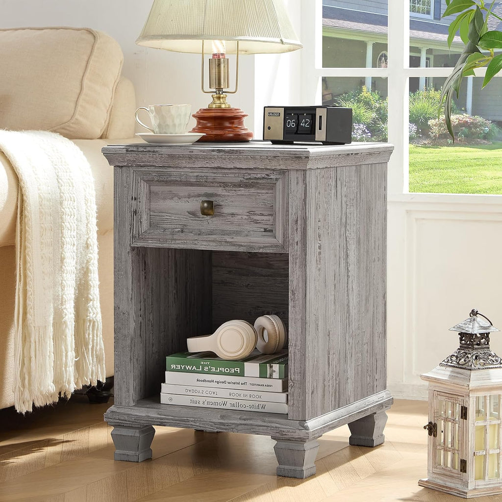 SAVOR LIFE Farmhouse Night Stand Set of 2, Rustic Wood Nightstand with 1 Drawer, Bedside Table with Open Shelf for Bed Room, End Table for Living Room, Grey