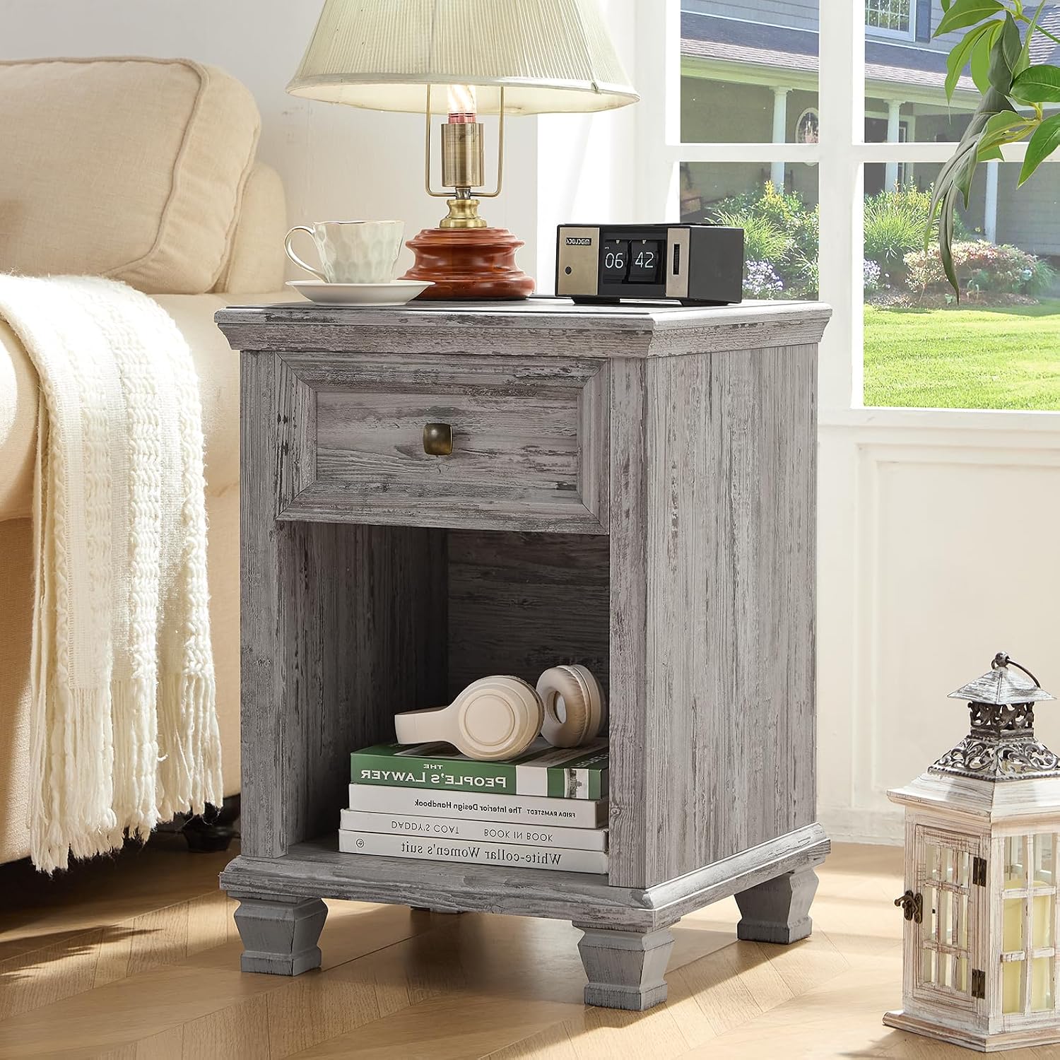 SAVOR LIFE Farmhouse Night Stand Set of 2, Rustic Wood Nightstand with 1 Drawer, Bedside Table with Open Shelf for Bed Room, End Table for Living Room, Grey