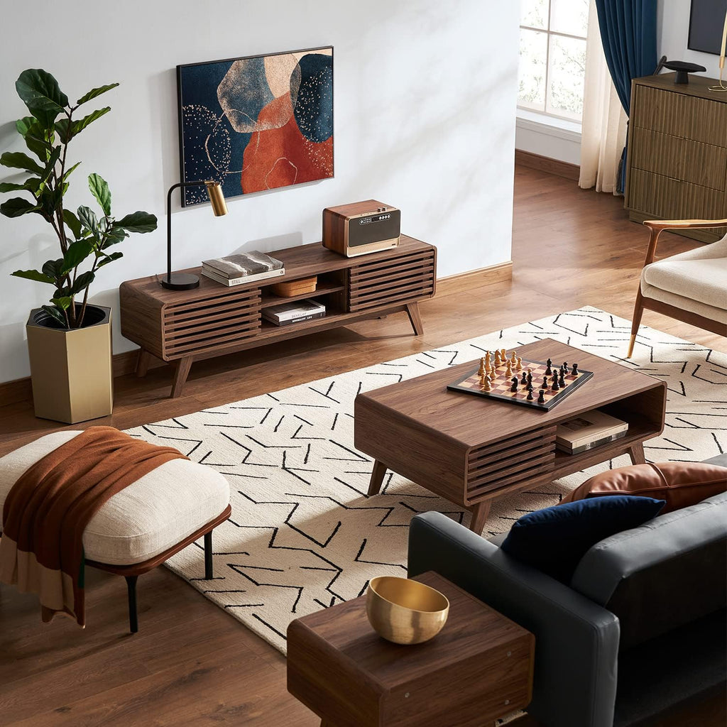 mopio Ensley Dual-Side Storage Coffee Table – Mid Century Modern Fluted Wood Table with 4 Compartments for Living Room Organization, Curved Safety Edges, Tapered Legs (Walnut, 39.2' W x 23.2' D)