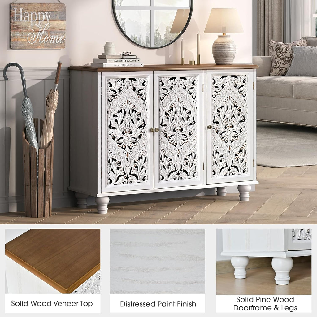 JOINICE 43' Accent Cabinet with 3 Carved Doors, White Farmhouse Buffet Cabinet with Storage & Solid Wood Legs, Boho Sideboard Console Table for Living Room, Entryway, Dining Room, Coffee Bar
