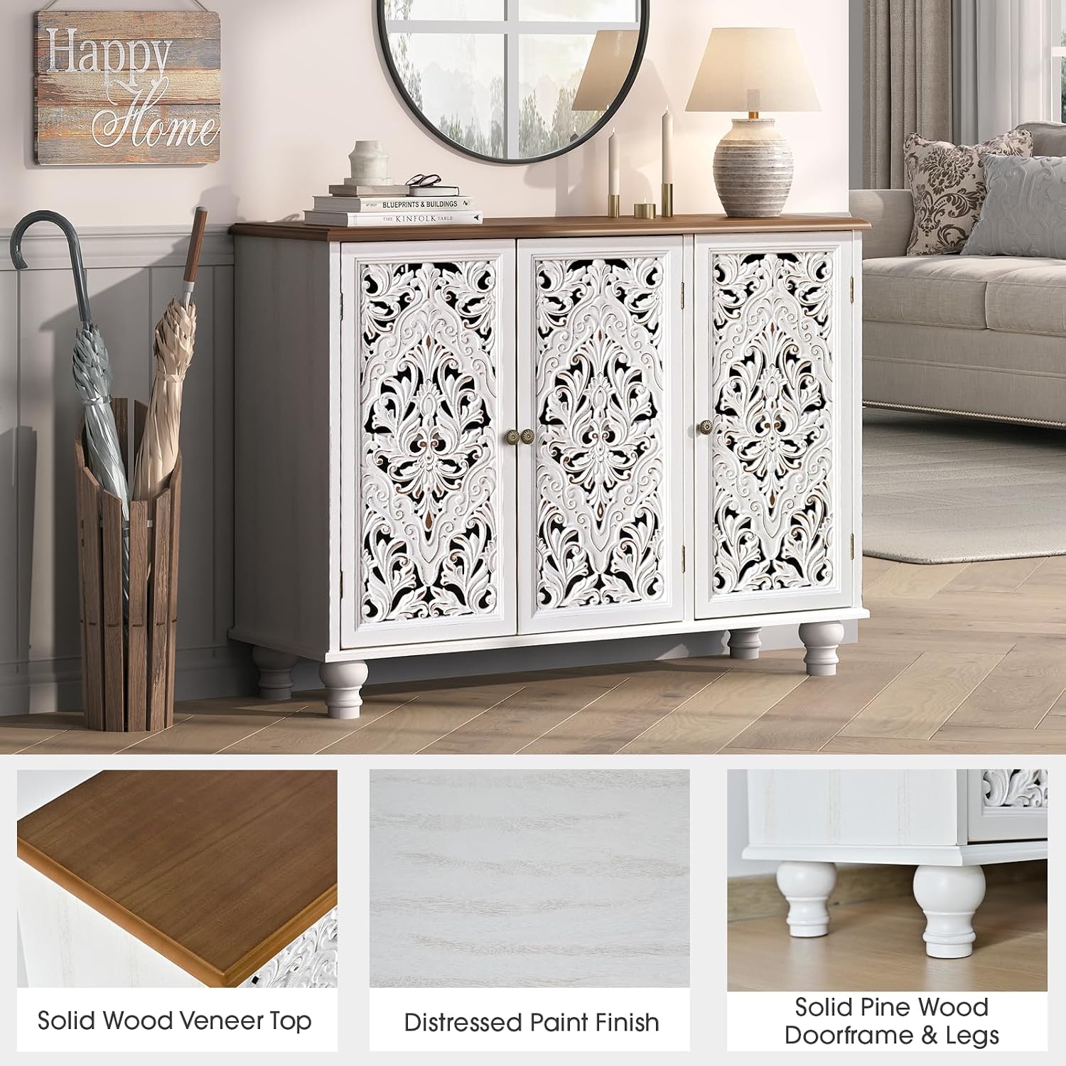 JOINICE 43' Accent Cabinet with 3 Carved Doors, White Farmhouse Buffet Cabinet with Storage & Solid Wood Legs, Boho Sideboard Console Table for Living Room, Entryway, Dining Room, Coffee Bar