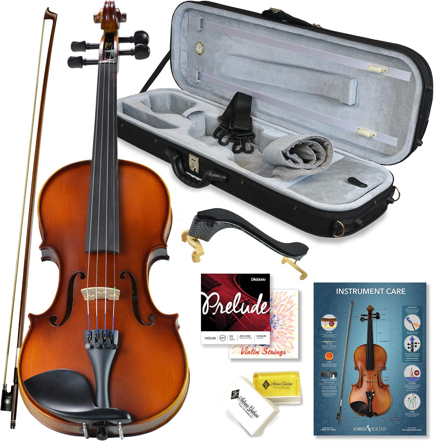Bunnel Pupil Violin Outfit 4/4 Full Size By Kennedy Violins - Carrying Case and Accessories Included - Solid Maple Wood and Ebony Fittings