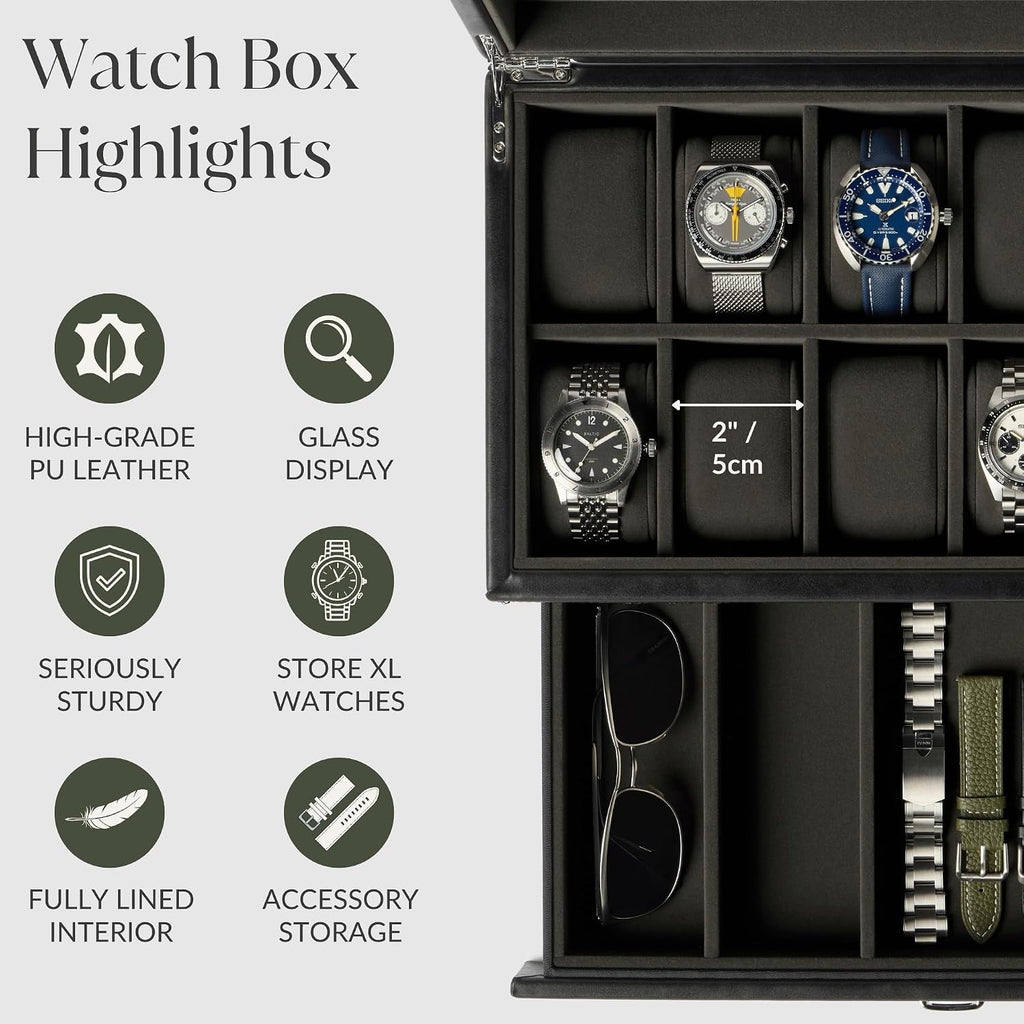 TAWBURY 12 Slot Watch Box with Storage Drawer - Premium Black PU Leather Watch Box for Men | Easy One-hand Opening, Plush Velveteen Interior (Black/Charcoal)