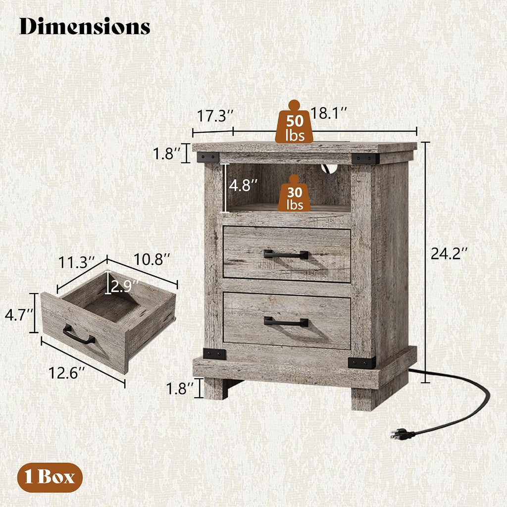 AMERLIFE Farmhouse End Table Set of 2, 18' Wood Night Stand with Charging Station & 2 Storage Drawers, Heavy Duty Bedside Nightstands for Bedroom, Living Room, Light Grey