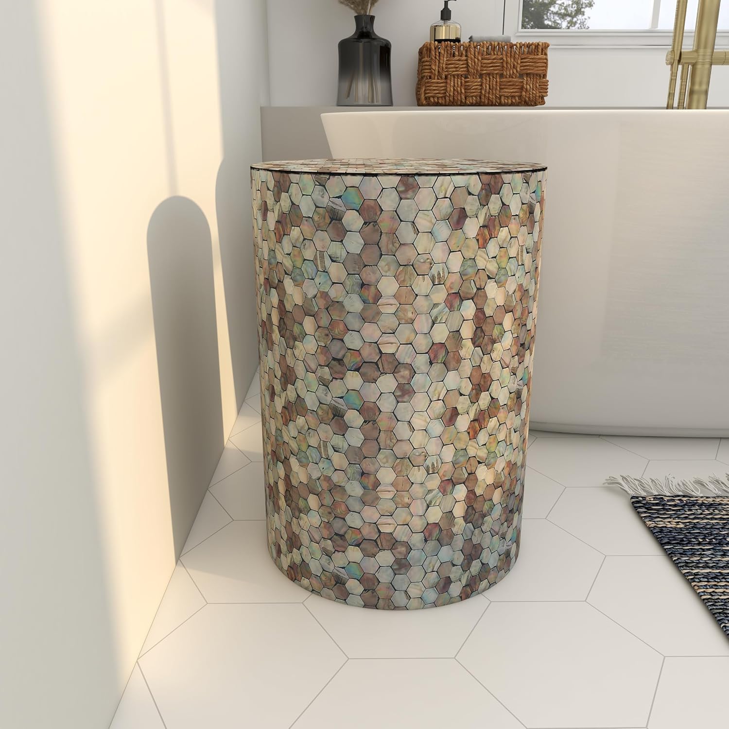 Deco 79 Mother of Pearl Shell Geometric Handmade Side End Accent Table Mosaic End Table, Side Table 14' x 14' x 20', Multi Colored