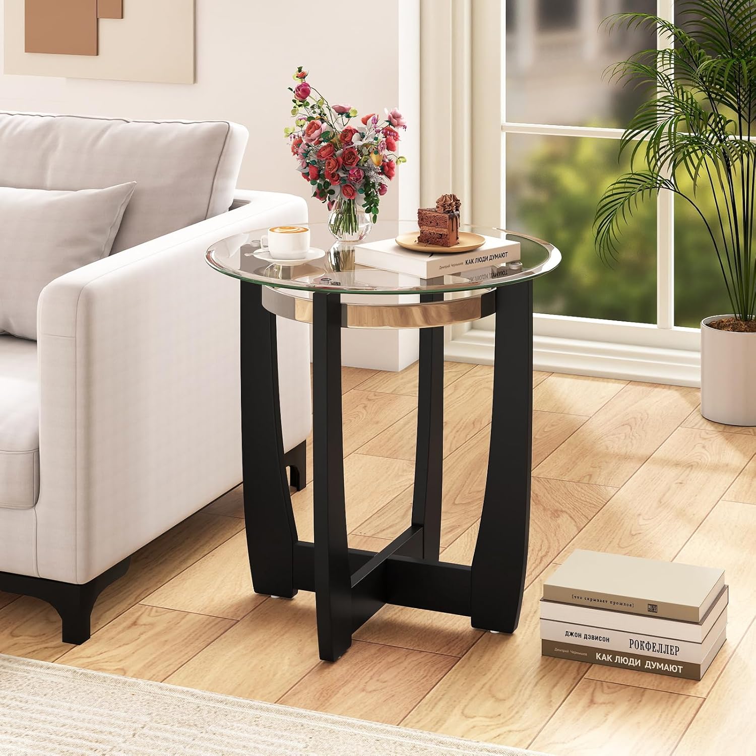 Giantex Round Glass End Table Set of 2, 24'' Side Table with Tempered Glass Top, Nightstands with Cross & Solid Rubber Wood Base, Compact Bedside Night Stand for Bedroom Office Living Room (2, Black)