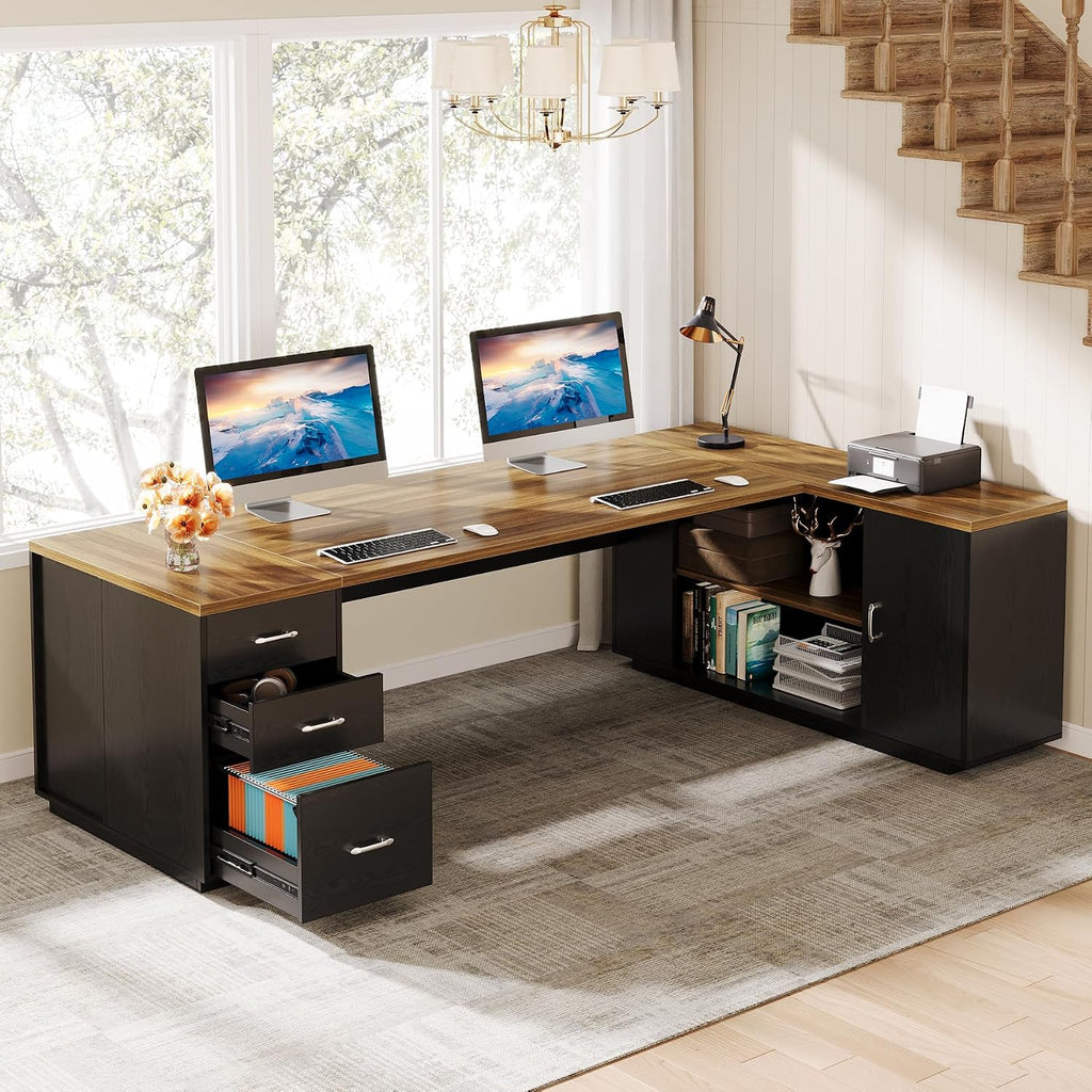 Tribesigns 85.8-Inch L-Shaped Executive Desk, Extra Large Modern Office Desk with File Drawers, Door Cabinet & Shelves, Commercial Office Table, Home Business Workstation, Brown & Black