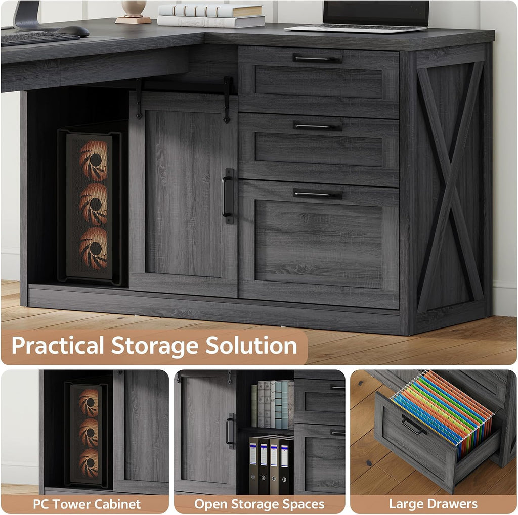 Farmhouse L Shaped Office Desk with Drawers 78 Inch L Shape Desk Executive Office Desk with File Cabinet Storage Shelves and Power Outlets for Home Office Dark Grey