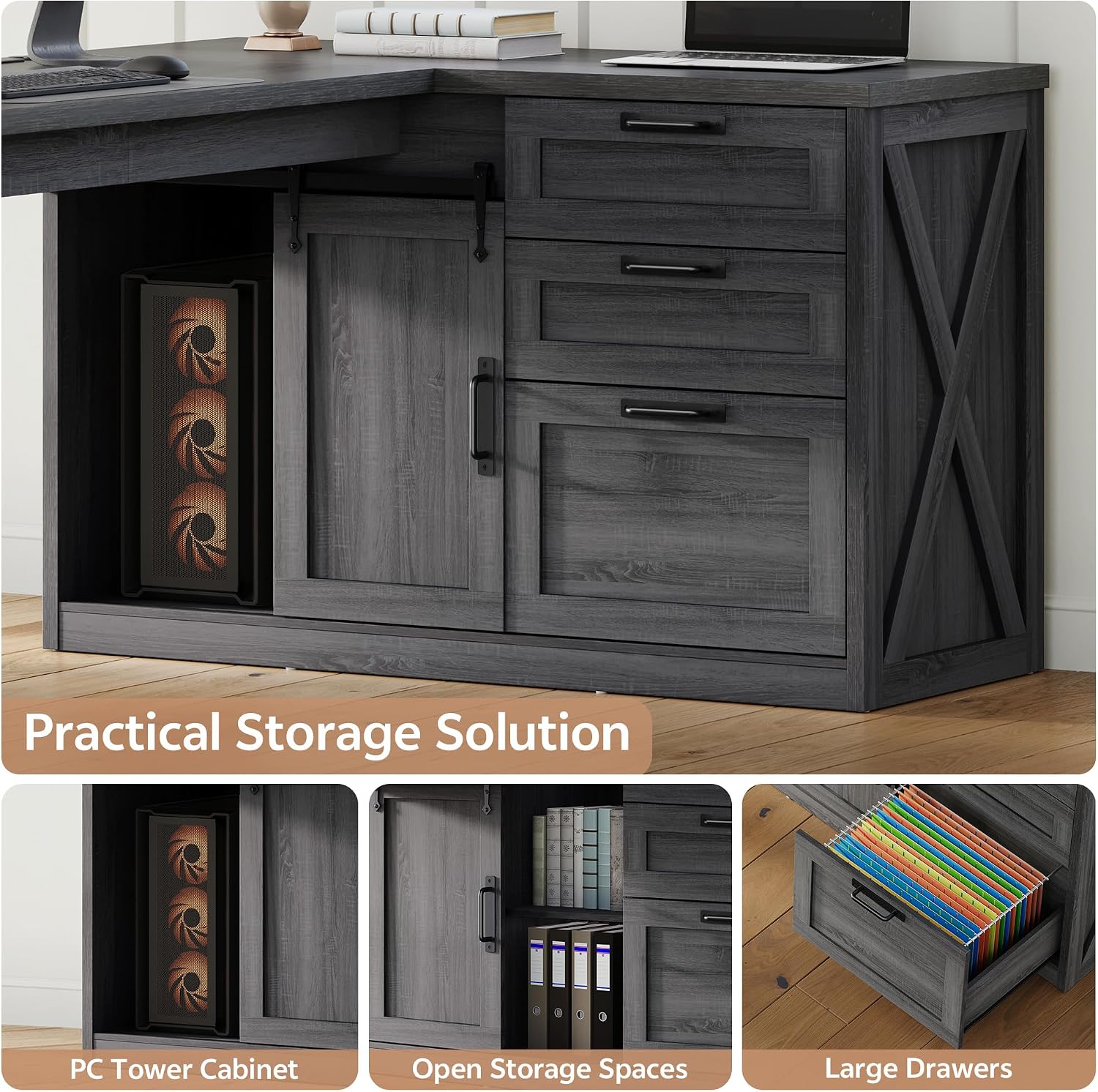 Farmhouse L Shaped Office Desk with Drawers 78 Inch L Shape Desk Executive Office Desk with File Cabinet Storage Shelves and Power Outlets for Home Office Dark Grey