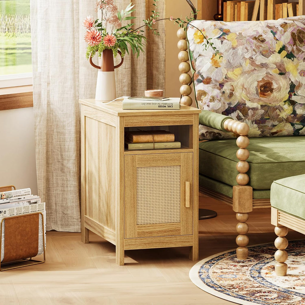 Huuger Narrow Night Stand Set of 2, End Table with Charging Station, USB-C Port, Rattan Side Table with Cabinet and Open Shelf, Synthetic Rattan, for Small Spaces, Bedroom, Natural Wood