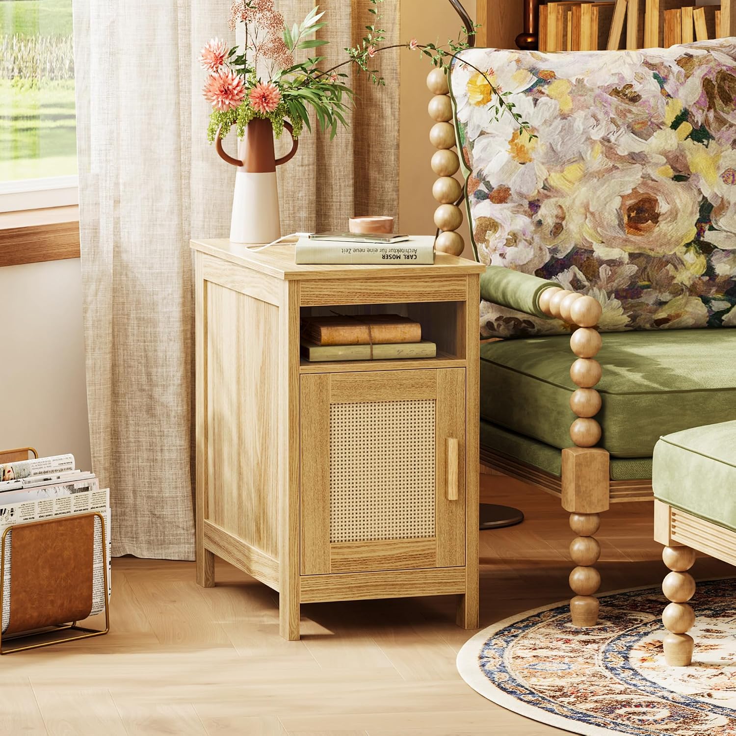 Huuger Narrow Night Stand Set of 2, End Table with Charging Station, USB-C Port, Rattan Side Table with Cabinet and Open Shelf, Synthetic Rattan, for Small Spaces, Bedroom, Natural Wood