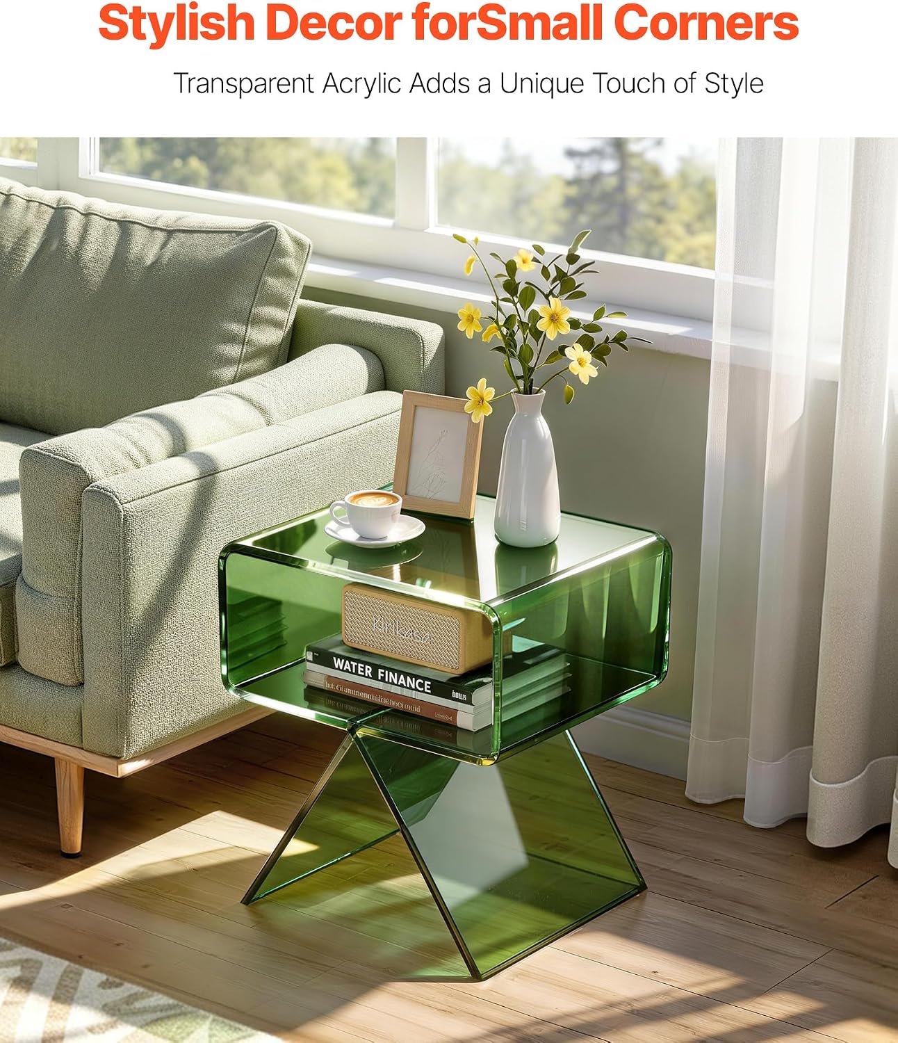 VEVOR Acrylic Nightstand Side Table, Modern Clear End Table with Storage Shelf, Transparent Small Bedside Table for Bedroom, Home Decor, Living Room, No Assembly Needed, Green