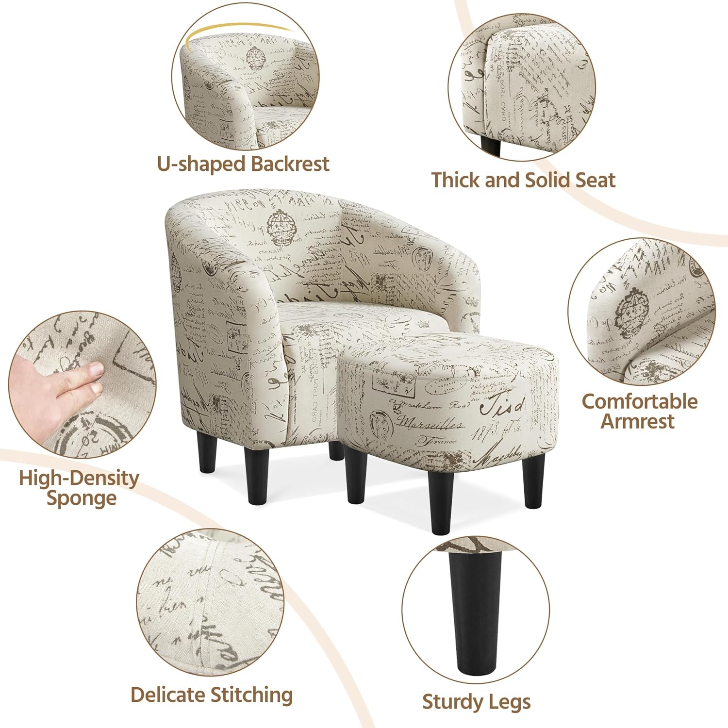 Yaheetech Accent Chair with Foot Rest, Mid Century Modern Upholstered Soft Barrel Chair, Comfy Fabric Armchair and Footrest Set for Living Room/Bedroom/Reading Room, Set of 2 Letter Print