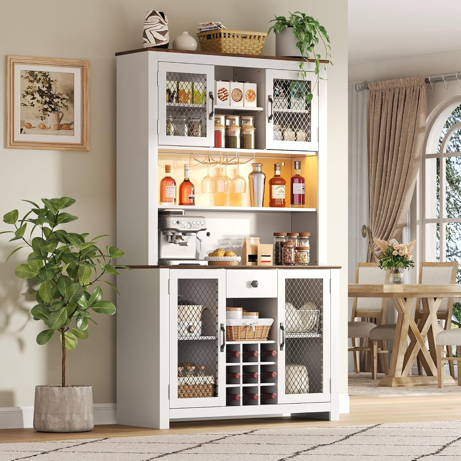 GDFStudio 70.9' Kitchen Pantry Storage Cabinet with LED,Outlets & USB,Rustic Farmhouse Buffet Hutch Cabinet with Countertop,Wine Rack,Glass Holder,Adjustable Shelves,Food Pantry Storage Cabinet,White