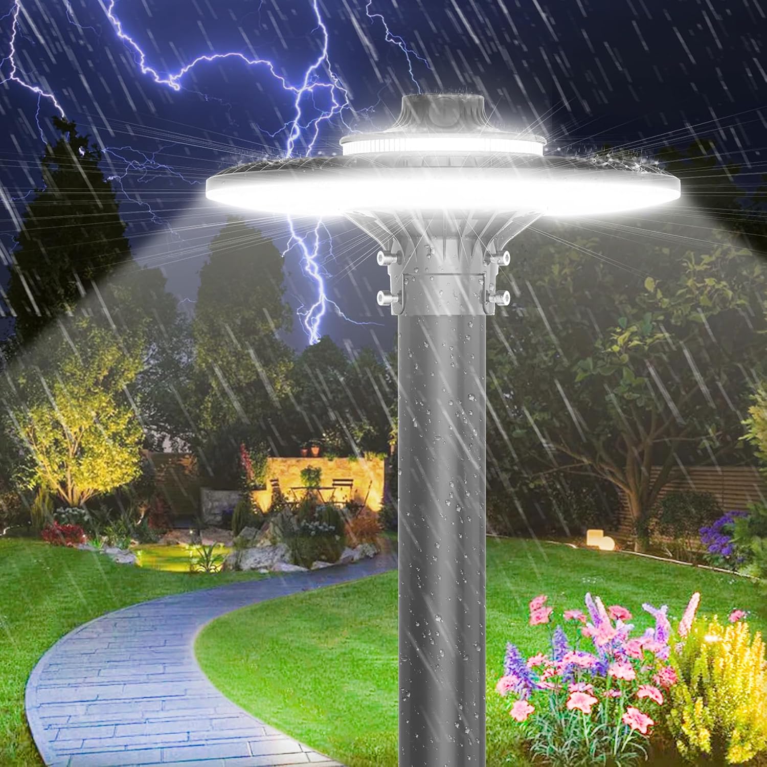 200W/150W/120W LED Post Top Light with Dusk to Dawn Photocell, 28000lm 5000K Circular Area Pole Lights, IP65 Waterproof Outdoor Post Light Garden Pathway Yard Street Lighting UL Listed, AC100-277V