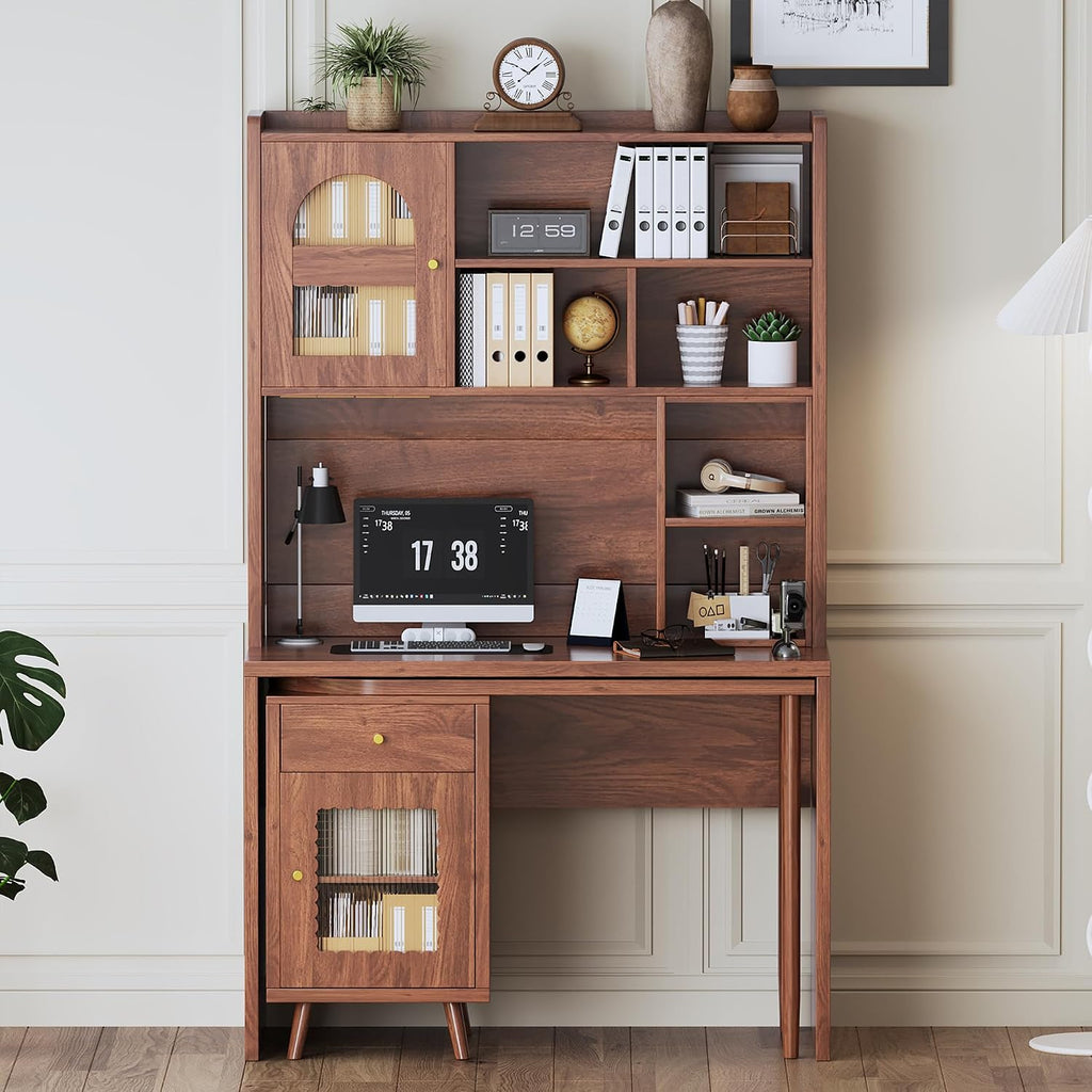 L Shaped Home Office Desks with 90° Rotating Retractable Desktop, Glass Door, Hutch, Drawers, Bookshelf & Storage Shelves, 43' Modern Gaming Computer Corner Table for Work, Study, Writing, Walnut