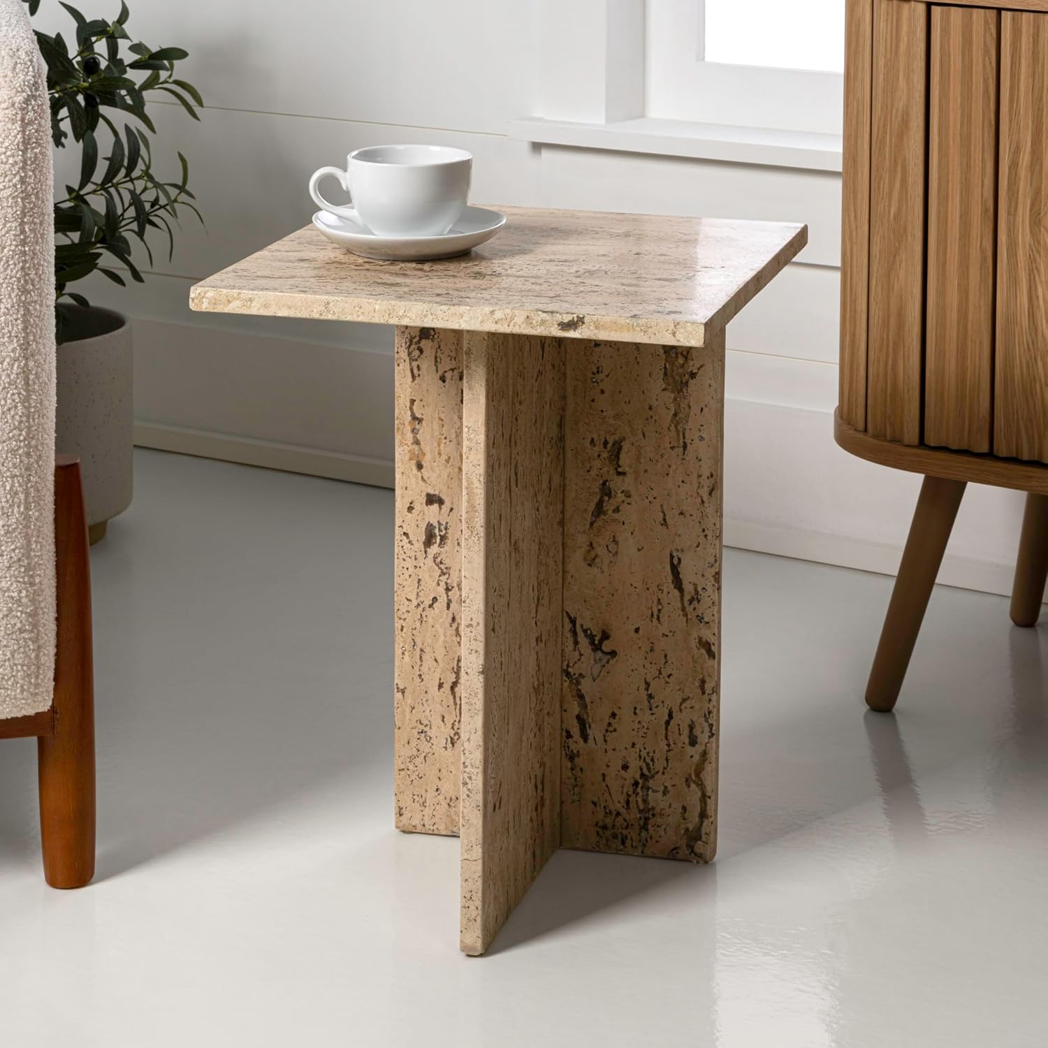 JONATHAN Y MTB1104B Cecil 18.5' Contemporary Natural Marble Handmade T-Shaped End Table, Side Table for Living Room, Bedroom, Bathroom, Travertine