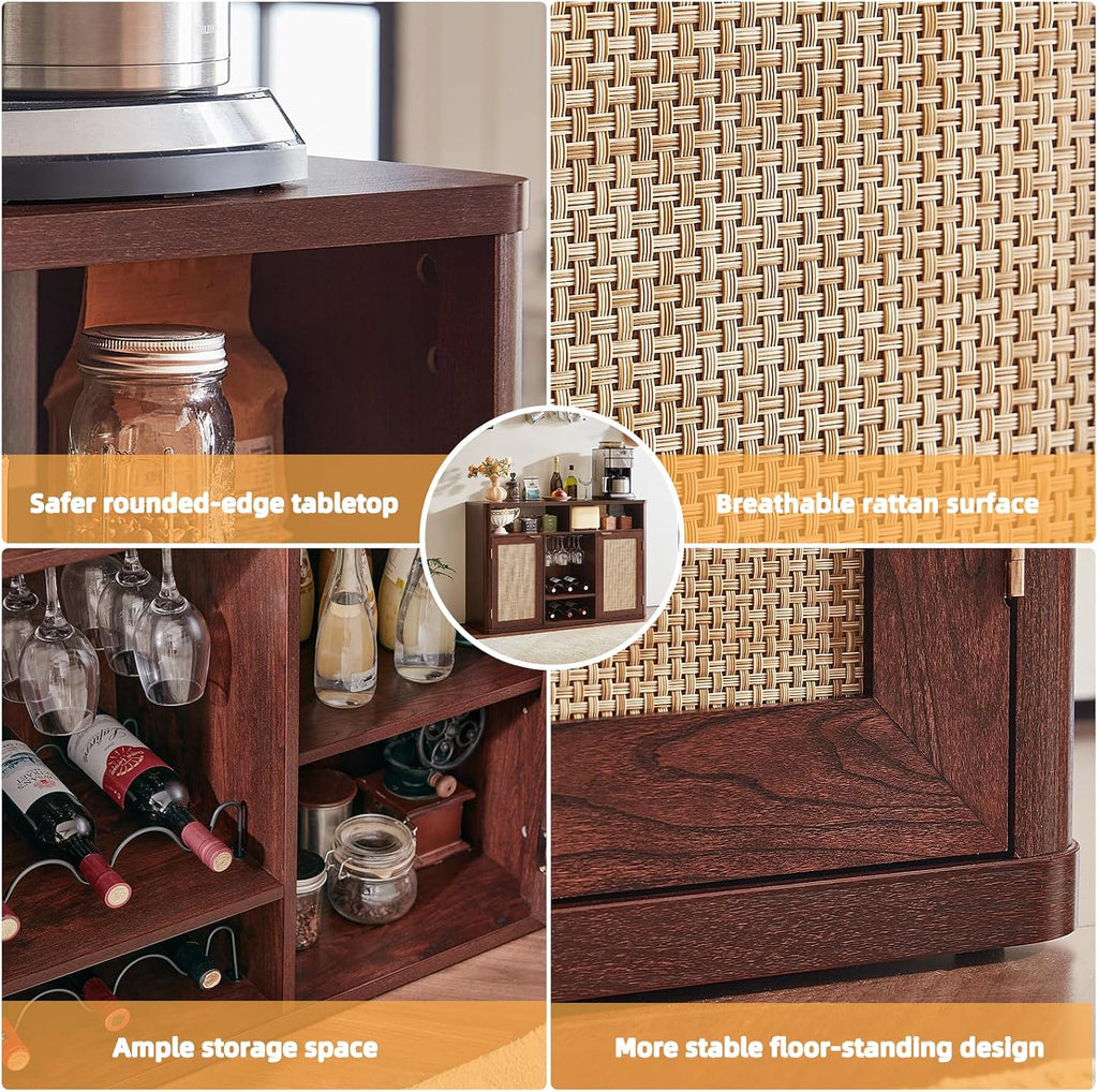 Lerliuo Rattan Wine Cabinet with 2 Doors, Boho Liquor Cabinet with Wine Racks, Farmhouse Coffee Bar Station for Living Room, Dining Room, Kitchen, Walnut