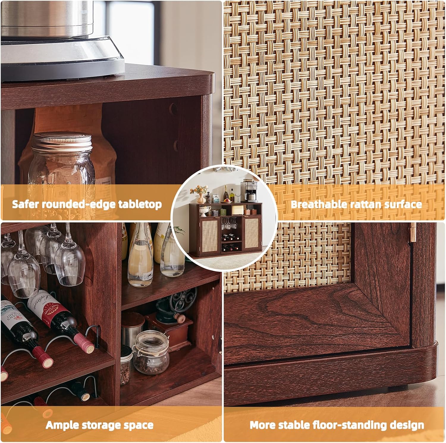 Lerliuo Rattan Wine Cabinet with 2 Doors, Boho Liquor Cabinet with Wine Racks, Farmhouse Coffee Bar Station for Living Room, Dining Room, Kitchen, Walnut