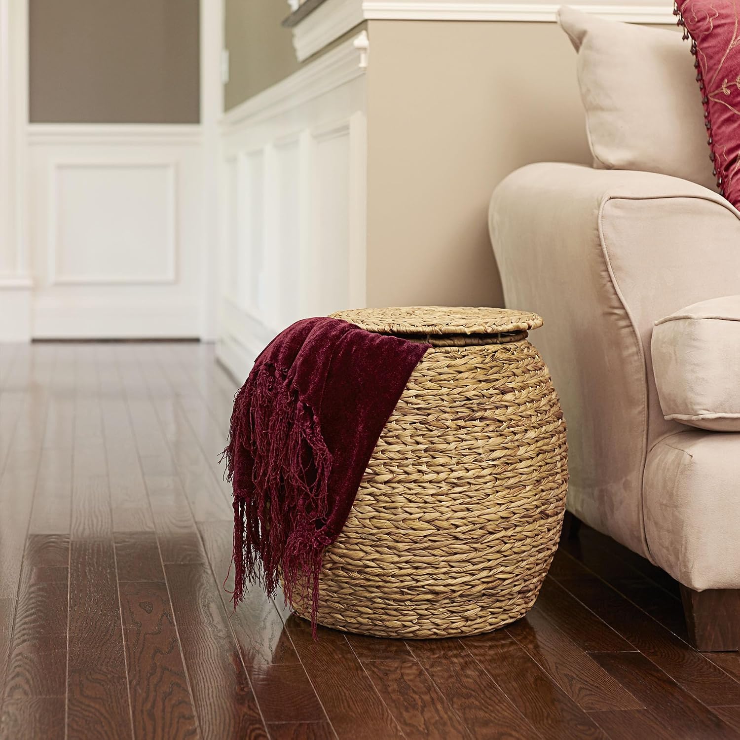 Household Essentials Handwoven Water Hyacinth Barrel Wicker Storage Basket Side Table, Natural