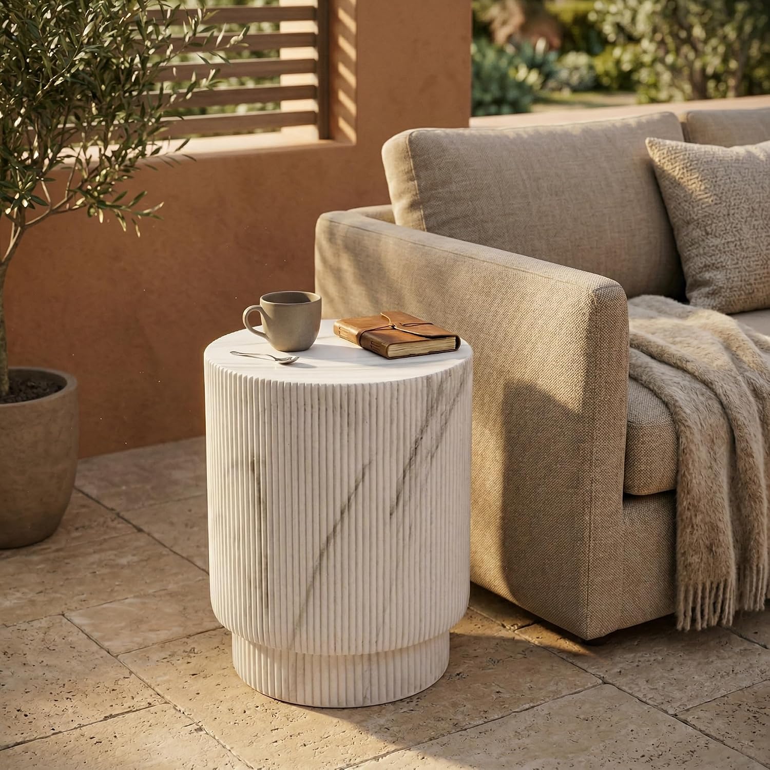 LeisureMod Eden Modern Side End Table – Indoor and Outdoor Accent Table for Living Room, Bedroom, Patio, Balcony, Porch, Garden, Small Spaces in White Marble